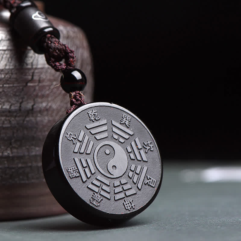 EverestArtstudios Black Obsidian Bagua Yin Yang Strength Necklace Pendant