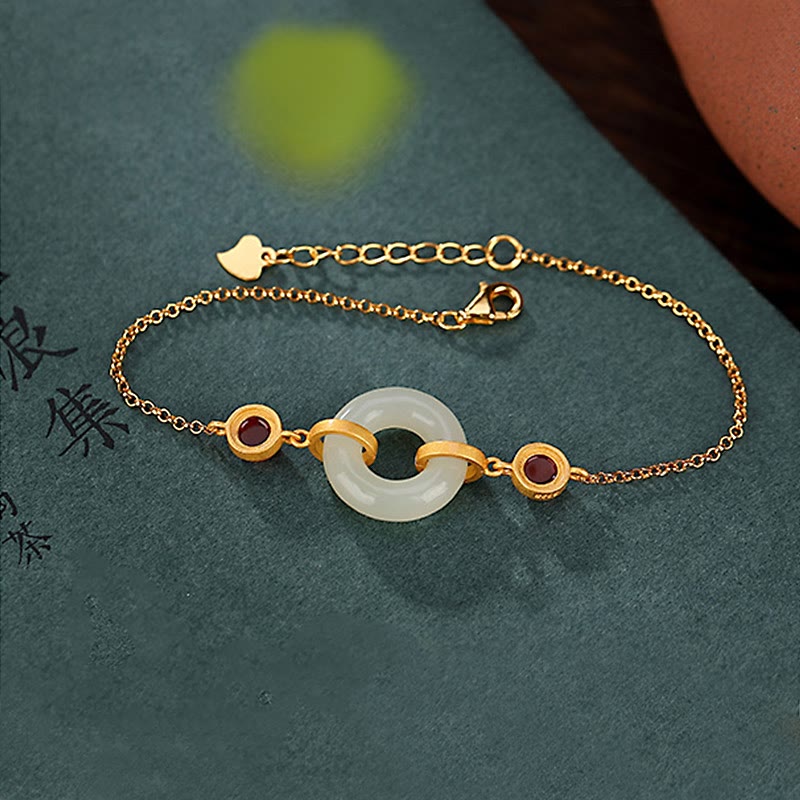 EverestArtstudios 925 Sterling Silver Plated Gold Natural Hetian Jade Peace Buckle Red Agate Luck Bracelet