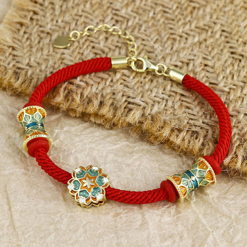EverestArtStudios Dunhuang 925 Sterling Silver Lotus Drum New Beginning Red Cord Bracelet