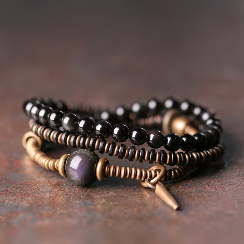 EverestArtStudios Rainbow Obsidian Ebony Wood Copper Healing Triple Wrap Bracelet