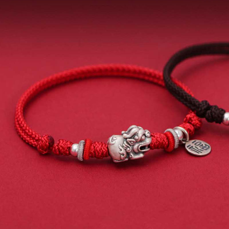 EverestArtStudios 925 Sterling Silver PiXiu Fu Character Wealth Luck Handmade Braided Bracelet