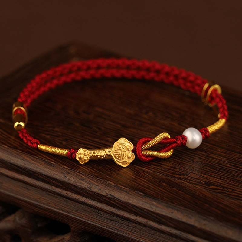EverestArtStudios 24K Gold Wish Ruyi Handle Fu Character Rabbit Pearl Luck Braided Bracelet