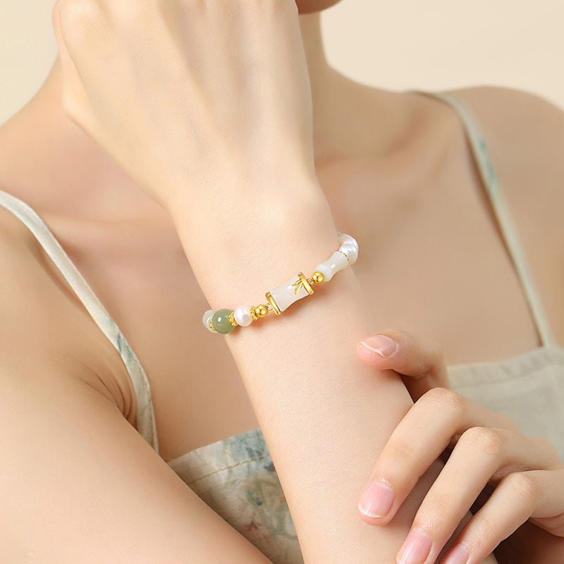 EverestArtstudios 925 Sterling Silver Natural Hetian White Jade Bamboo Luck Blessing Bracelet