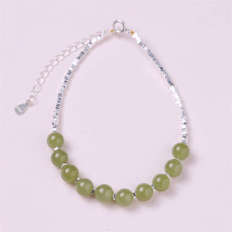 EverestArtstudios 925 Sterling Silver Hetian Jade Bead Luck Chain Bracelet
