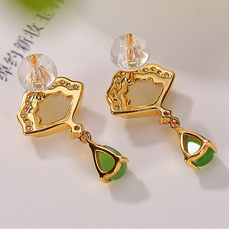 EverestArtstudios White Jade Cyan Jade Fan Water Drop Pattern Luck Drop Earrings