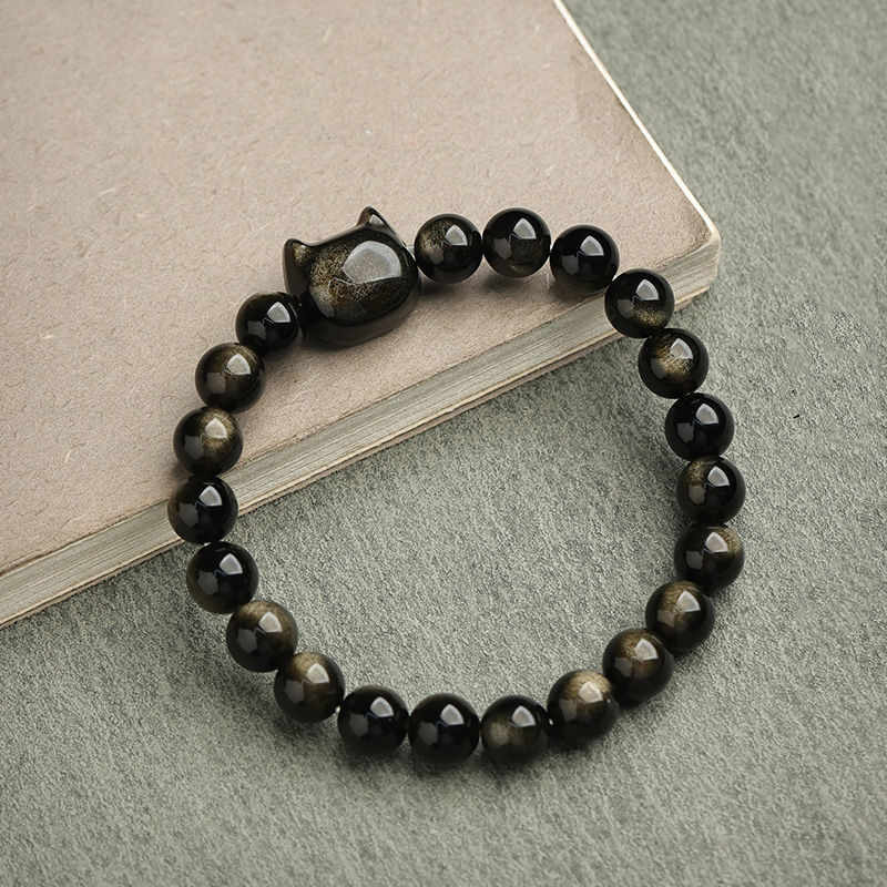 EverestArtStudios Gold Sheen Obsidian Silver Sheen Obsidian Cute Paw Fortunate Cat Protective Bracelet