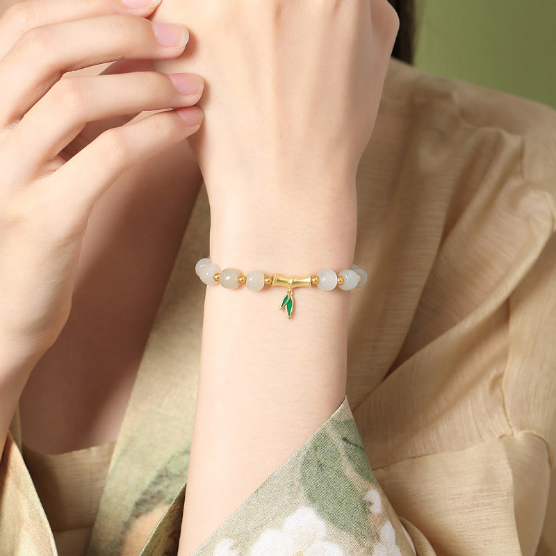 EverestArtstudios 925 Sterling Silver Hetian White Jade Bamboo Luck Bracelet