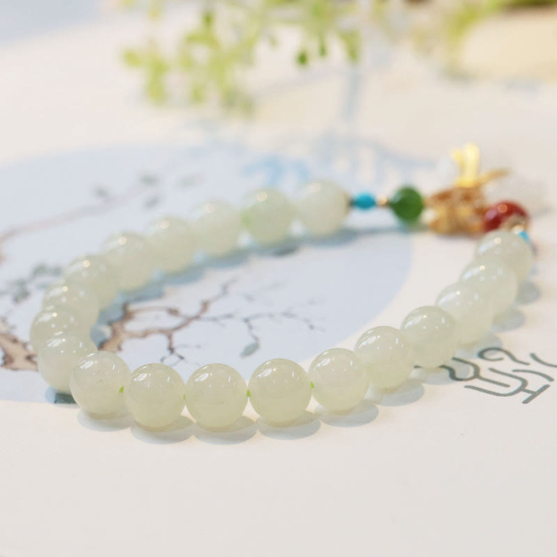 EverestArtstudios Natural Hetian White Jade 14K Gold Plated Money Bag Blessing Bracelet