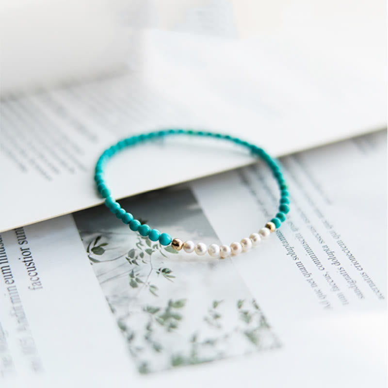 EverestArtStudios 925 Sterling Silver Natural Turquoise Pearl Beaded Bracelet