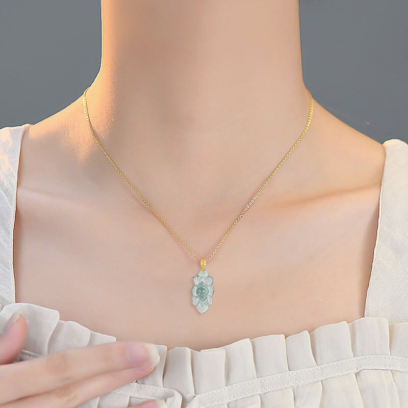 EverestArtstudios Natural Jade Lotus Pattern Prosperity Titanium Steel Chain Necklace Pendant