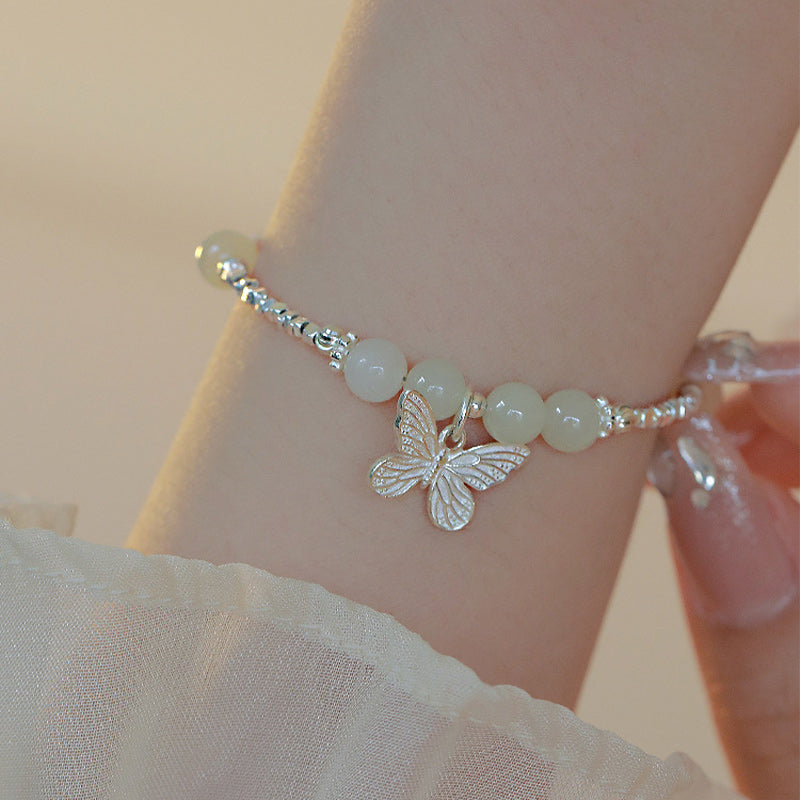 EverestArtstudios 925 Sterling Silver Natural Hetian Jade Luck Butterfly Charm Bracelet
