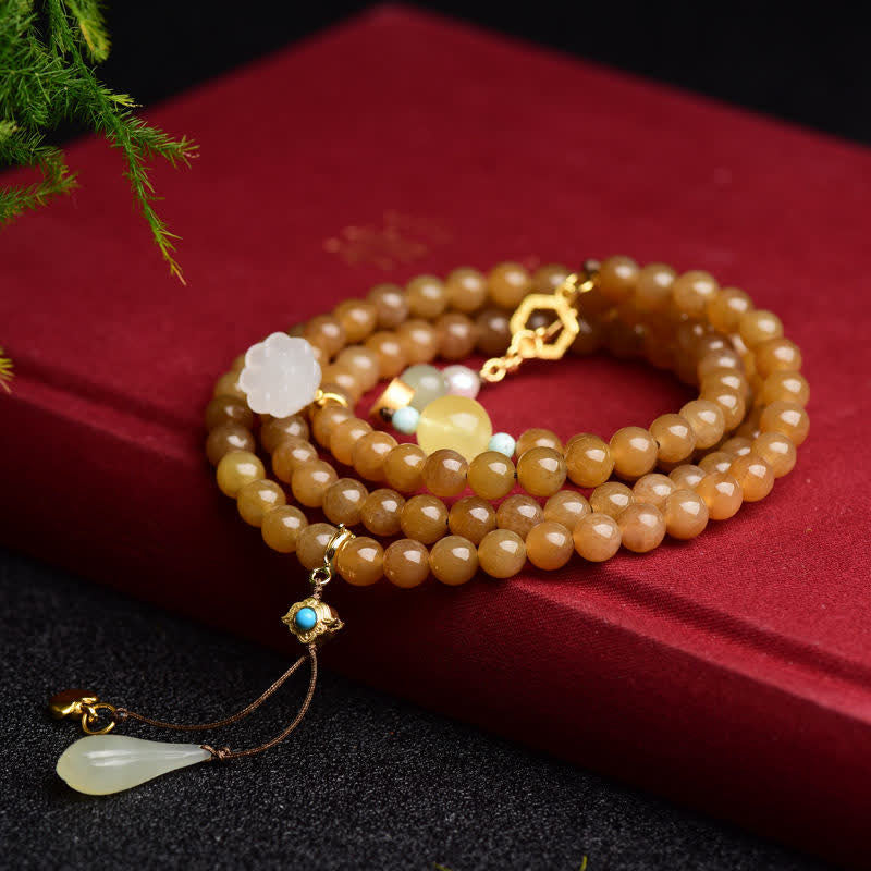EverestArtstudios Natural Hetian Topaz Amber Lotus White Jade Pearl Success Bracelet