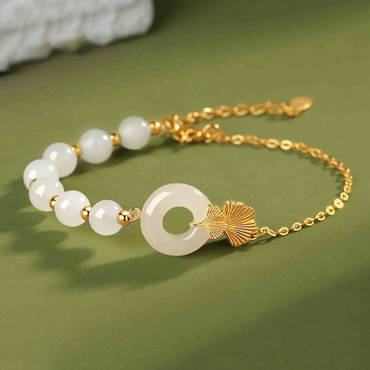 EverestArtstudios 925 Sterling Silver Hetian White Jade Peace Buckle Ginkgo Leaf Luck Bracelet