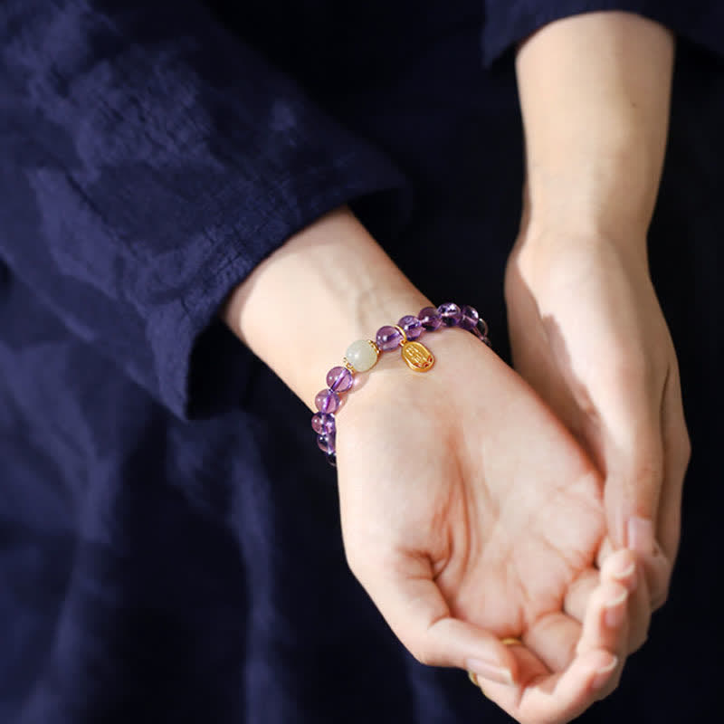 EverestArtstudios Natural Amethyst Crystal Hetian Jade Healing Charm Bracelet