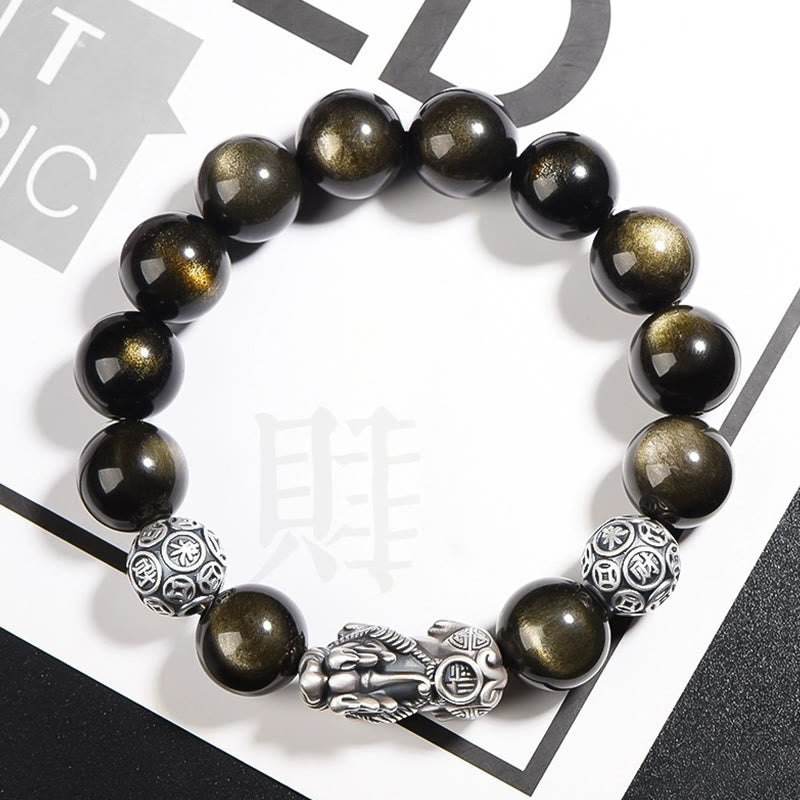 EverestArtstudios 925 Sterling Silver Natural Gold Sheen Obsidian PiXiu Wealth Protection Bracelet