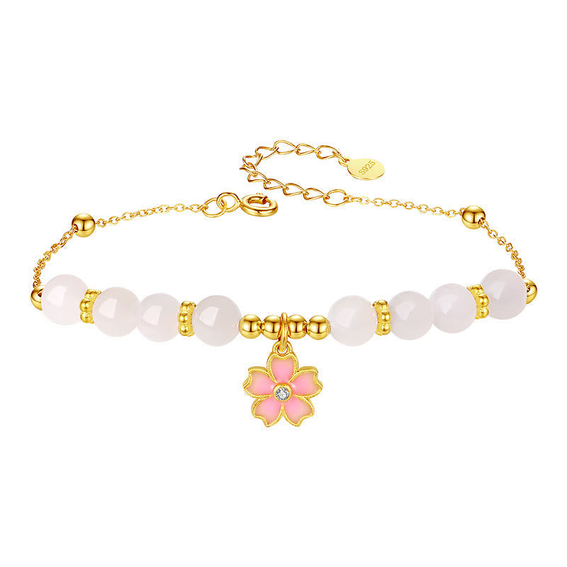 EverestArtstudios 925 Sterling Silver Hetian White Jade Cherry Blossom Protection Bracelet