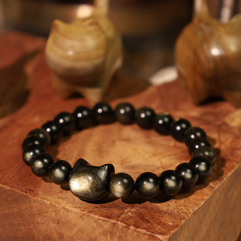 EverestArtStudios Gold Sheen Obsidian Silver Sheen Obsidian Cute Paw Fortunate Cat Protective Bracelet
