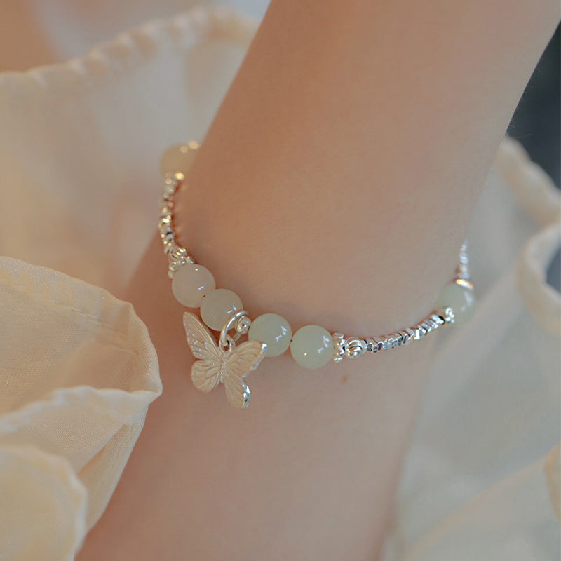 EverestArtstudios 925 Sterling Silver Natural Hetian Jade Luck Butterfly Charm Bracelet