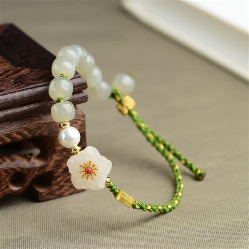 EverestArtstudios 925 Sterling Silver Natural Hetian Jade Peach Blossom Luck Bracelet
