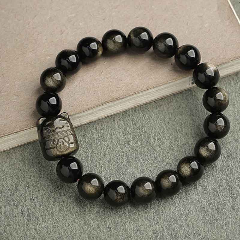 EverestArtStudios Gold Sheen Obsidian Silver Sheen Obsidian Cute Paw Fortunate Cat Protective Bracelet