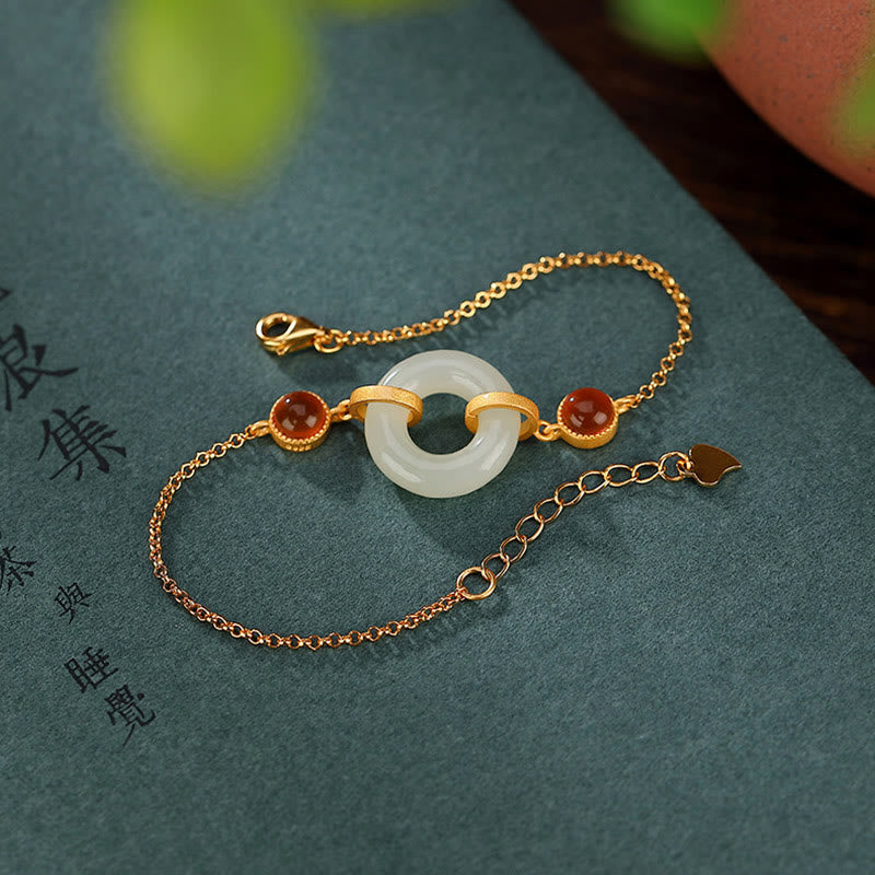 EverestArtstudios 925 Sterling Silver Plated Gold Natural Hetian Jade Peace Buckle Red Agate Luck Bracelet