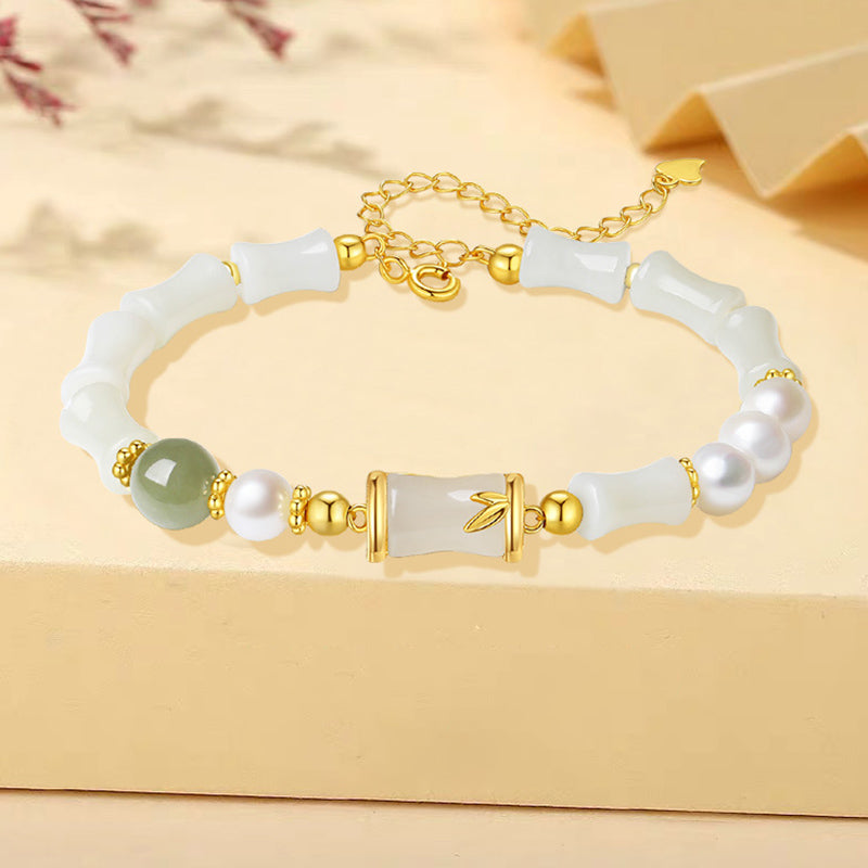 EverestArtstudios 925 Sterling Silver Natural Hetian White Jade Bamboo Luck Blessing Bracelet