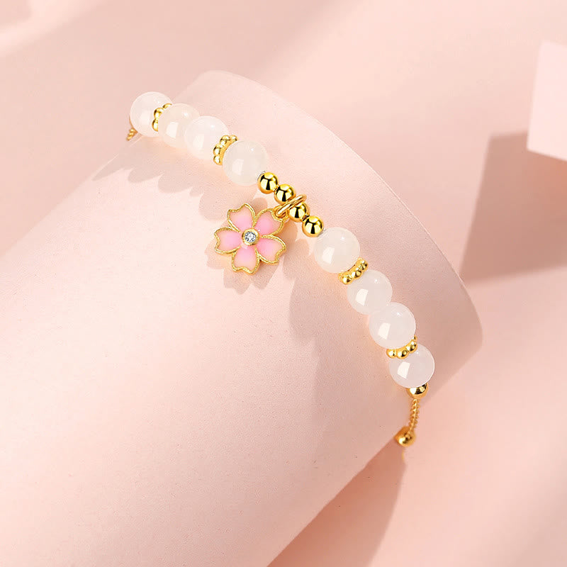 EverestArtstudios 925 Sterling Silver Hetian White Jade Cherry Blossom Protection Bracelet