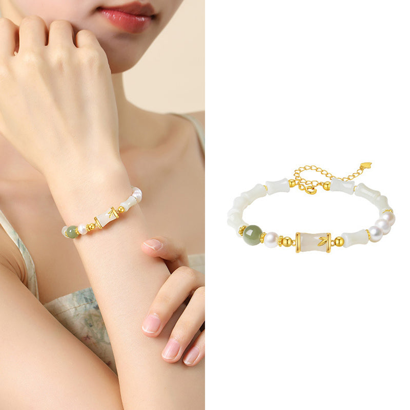 EverestArtstudios 925 Sterling Silver Natural Hetian White Jade Bamboo Luck Blessing Bracelet