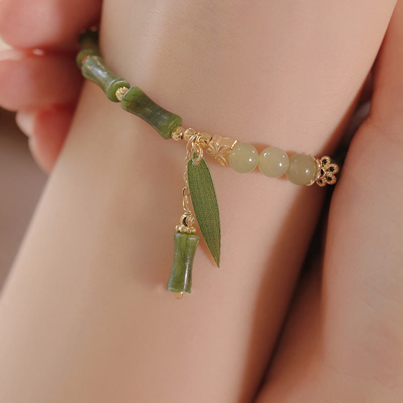 EverestArtStudios Jade Bamboo Leaf Lily Of The Valley Pattern Fortune Prosperity Bracelet