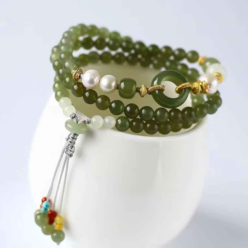 EverestArtstudios Hetian Jade Pearl Peace Buckle Luck Wealth String Bracelet