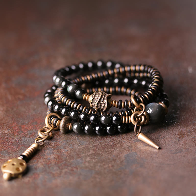 EverestArtstudios Rainbow Obsidian Ebony Wood Copper Positive Multilayer Bracelet