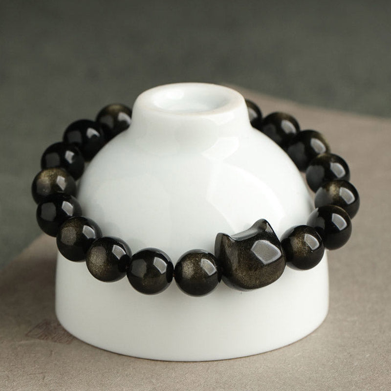 EverestArtStudios Gold Sheen Obsidian Silver Sheen Obsidian Cute Paw Fortunate Cat Protective Bracelet