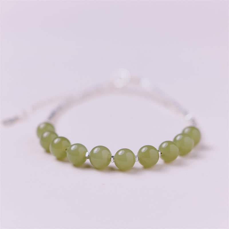 EverestArtstudios 925 Sterling Silver Hetian Jade Bead Luck Chain Bracelet