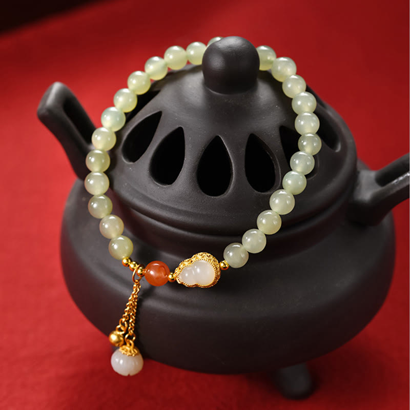 EverestArtstudios 925 Sterling Silver Hetian Jade Gourd Lotus Abundance Luck Bracelet