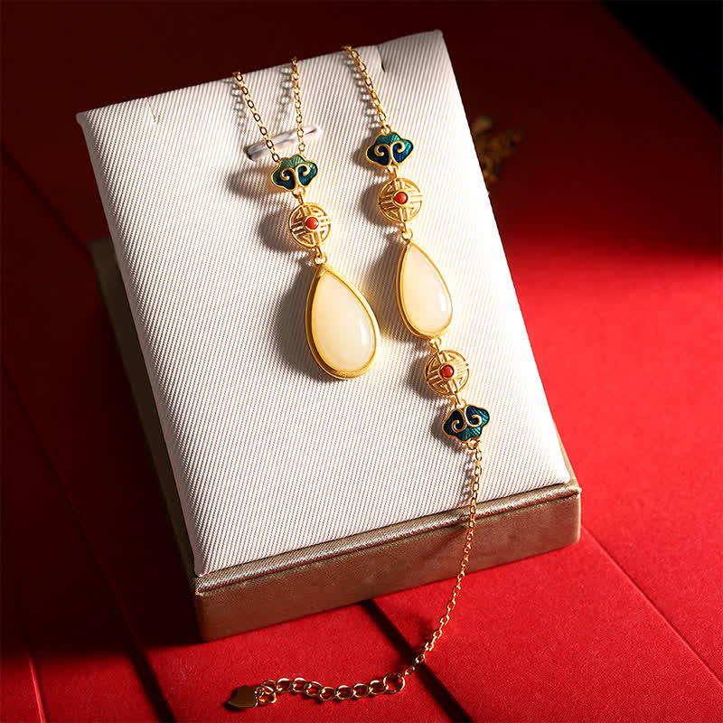 EverestArtstudios 925 Sterling Silver Hetian White Jade Water Drop Chain Necklace Pendant Bracelet