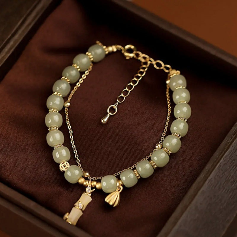 EverestArtstudios Natural Hetian Jade Prosperity Lotus Bamboo Charm Bracelet