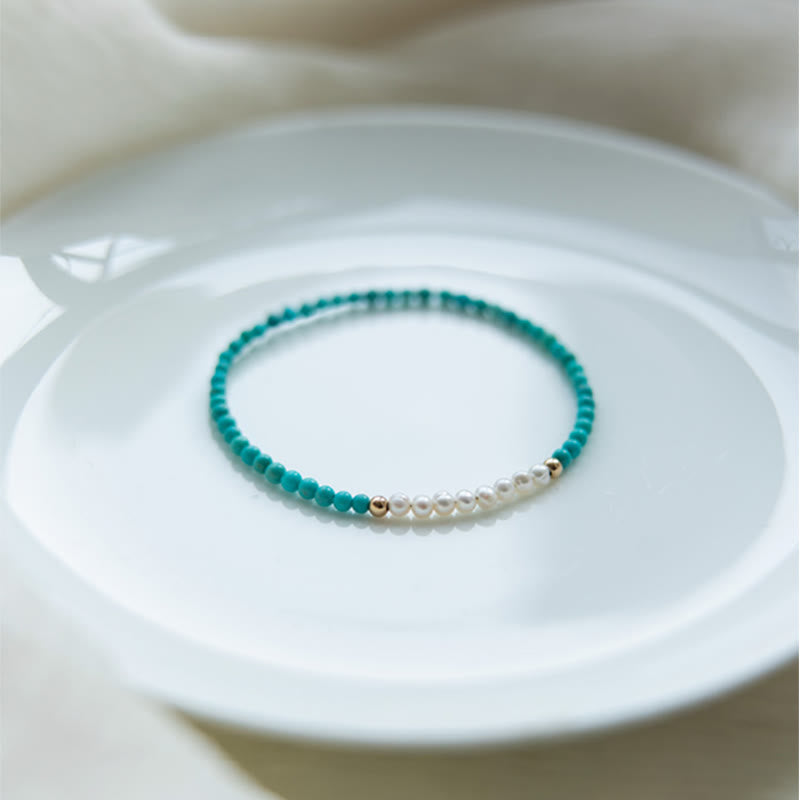 EverestArtStudios 925 Sterling Silver Natural Turquoise Pearl Beaded Bracelet