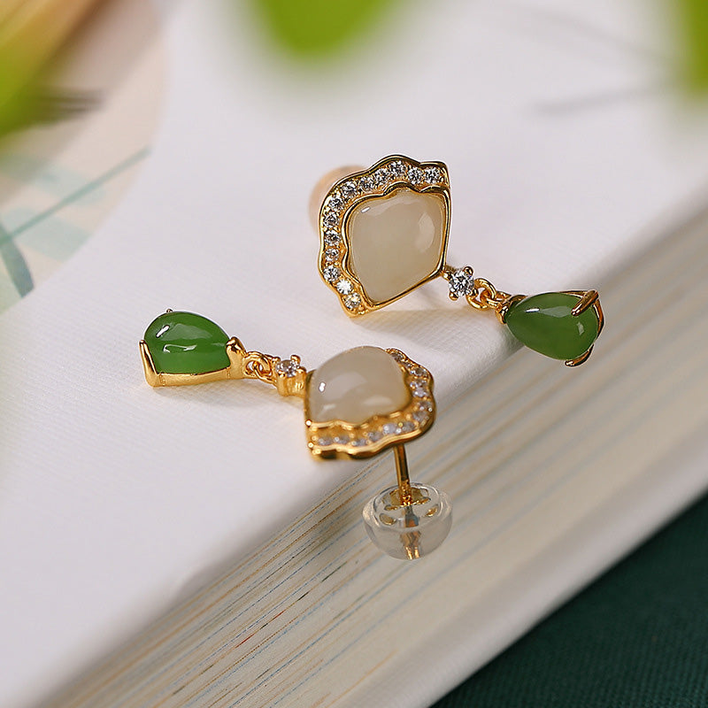 EverestArtstudios White Jade Cyan Jade Fan Water Drop Pattern Luck Drop Earrings