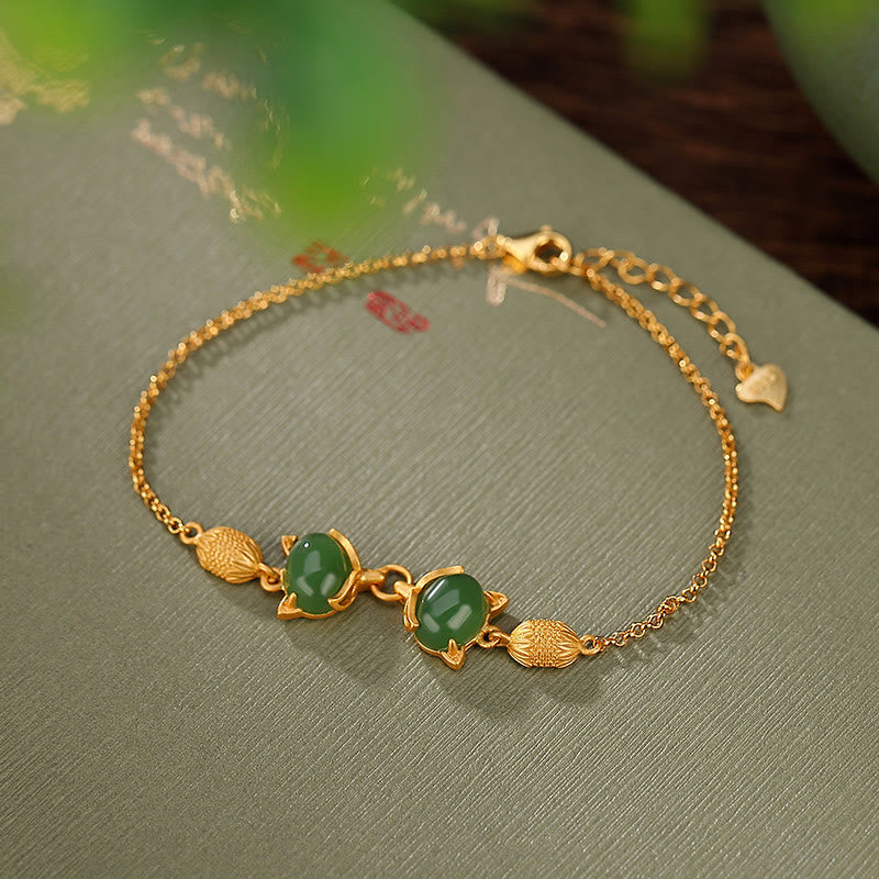 EverestArtstudios 925 Sterling Silver Natural Hetian White Jade Cyan Jade Lovely Fox Luck Bracelet