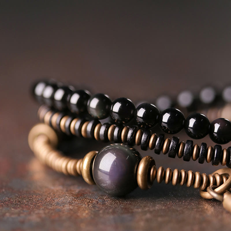 EverestArtstudios Rainbow Obsidian Ebony Wood Copper Healing Triple Wrap Bracelet
