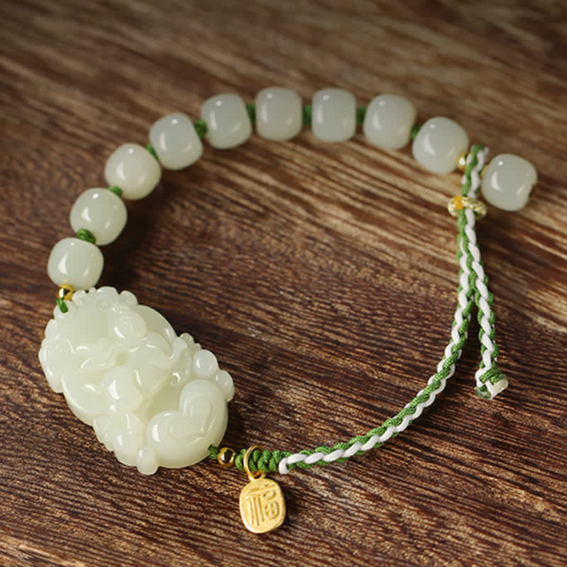 EverestArtstudios 925 Sterling Silver Chinese Zodiac Hetian Jade Happiness Luck String Bracelet