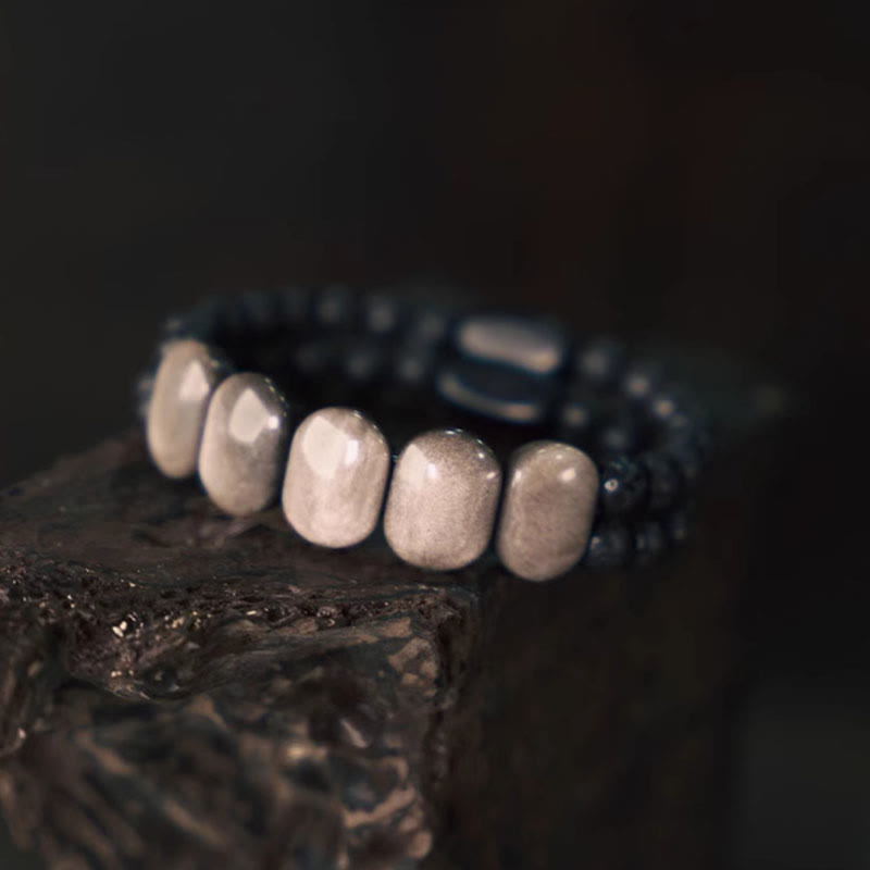EverestArtstudios Natural Silver Sheen Obsidian Lava Rock Communication Bracelet