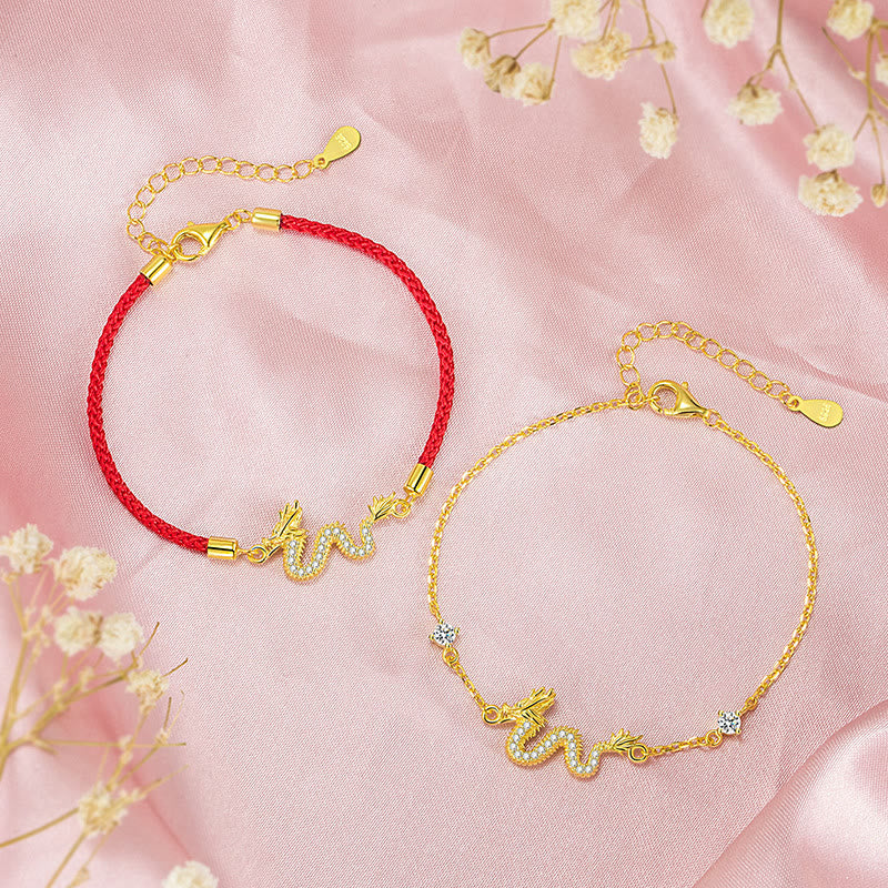 EverestArtStudios 925 Sterling Silver Year Of The Dragon Auspicious Golden Dragon Luck Red Rope Chain Bracelet