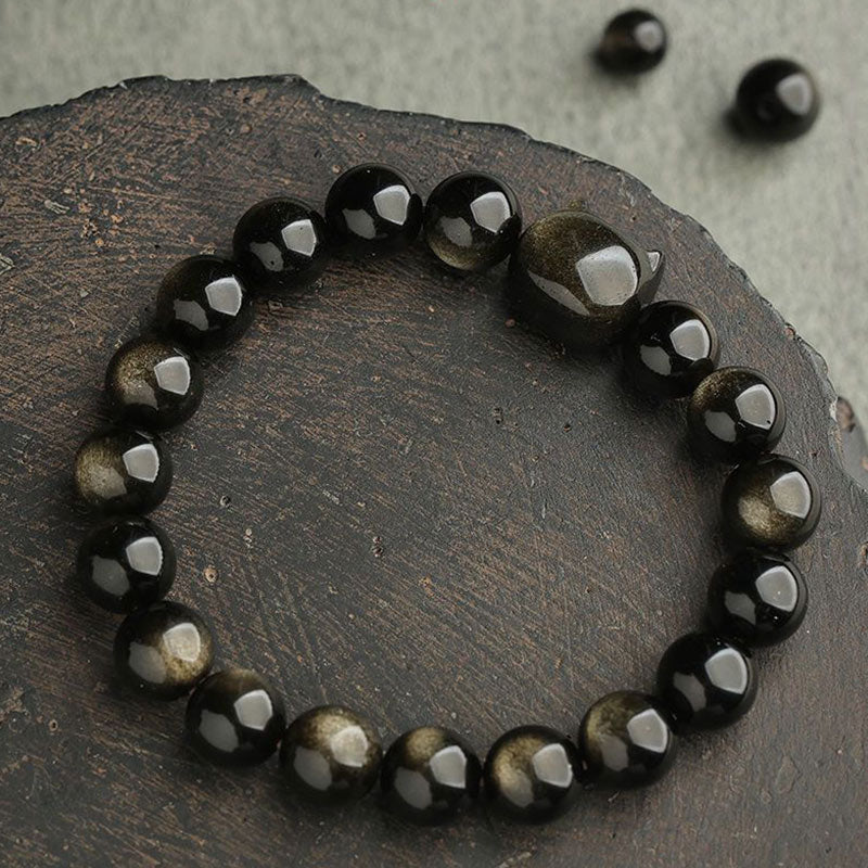 EverestArtStudios Gold Sheen Obsidian Silver Sheen Obsidian Cute Paw Fortunate Cat Protective Bracelet