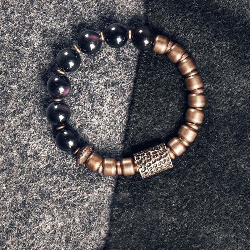 EverestArtstudios Lava Rock Stone Rainbow Obsidian Brass Support Healing Bracelet