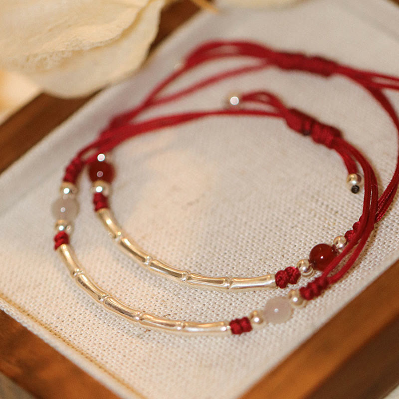 EverestArtStudios 925 Sterling Silver Bamboo White Agate Red Agate Bead Protection String Braided Bracelet