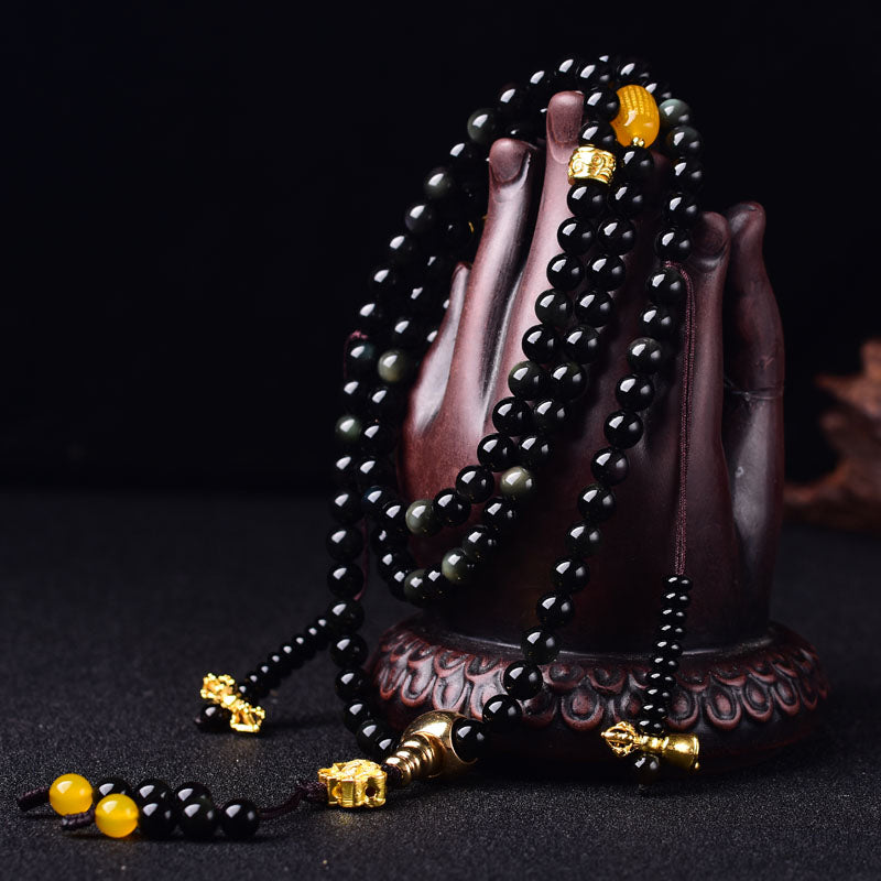 EverestArtstudios 108 Beads Natural Black Obsidian Lotus Fulfilment Mala Bracelet