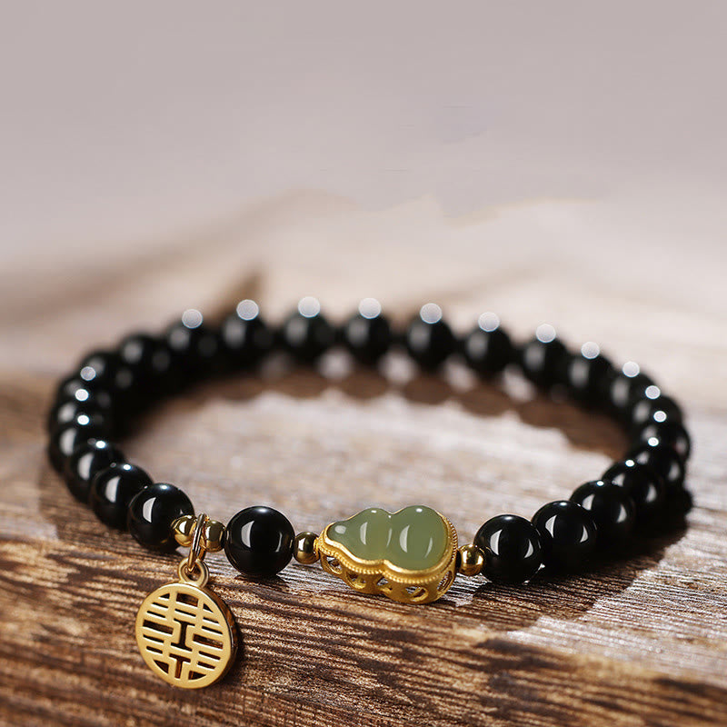 EverestArtstudios Natural Black Obsidian Hetian Jade Gourd Double Happiness Strength Bracelet