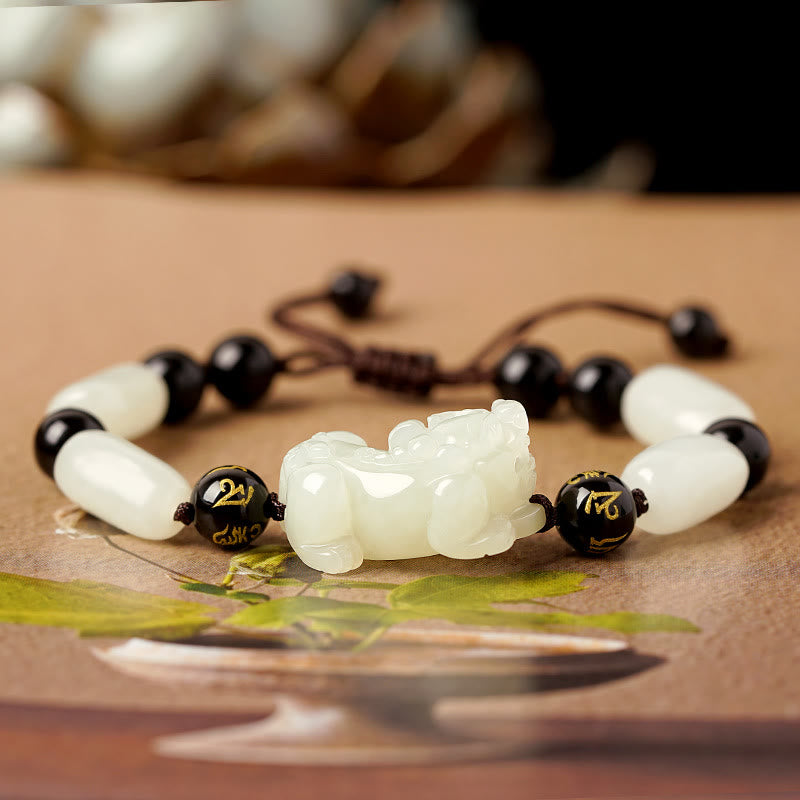 EverestArtstudios Natural Hetian White Jade PiXiu Wealth String Bracelet