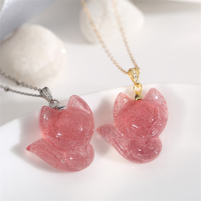 EverestArtstudios 925 Sterling Silver Plated 14k Gold Strawberry Quartz Fox Healing Necklace Pendant